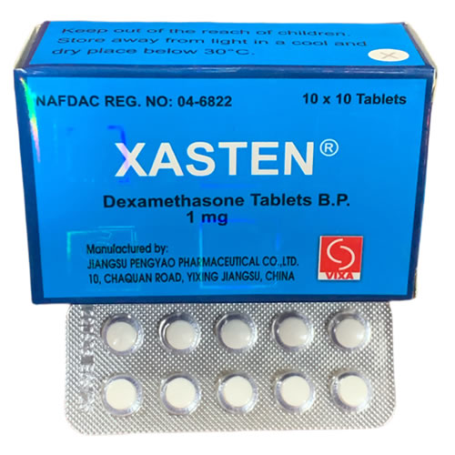 Xasten 1mg Tablets 10 Pack - Imavug Blue box labeled XASTEN Dexamethasone Tablets B.P. 1 mg, with a blister strip of ten white tablets.
