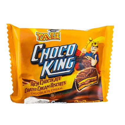 Orange package of Yale Choco King rich chocolate-coated cream biscuits, featuring a cartoon king with a wand on the front.