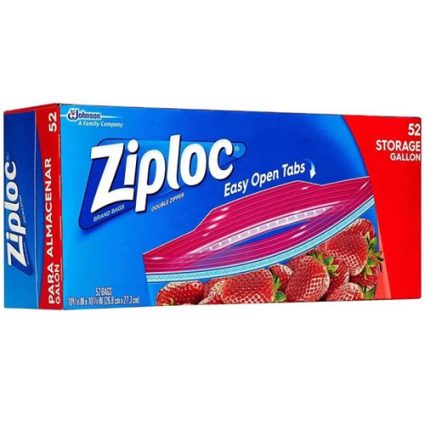 Box of Ziploc Easy Open Tabs storage bags, 52 bags, blue and red packaging with strawberries on front