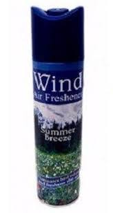 Blue aerosol can of air freshener with a 'Summer breeze' label and a nature scene on the label.