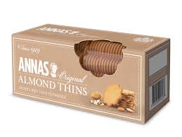 Box of Anna's Original Almond Thins cookies on beige packaging showing almond thins and a few cookies on the side panel.