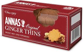 Box of Anna's Original Ginger Thins cookies on red packaging with a cookie image and brand name