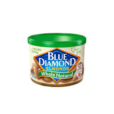 Jar of Blue Diamond Whole Natural almonds with a green lid and label visible on a white background.