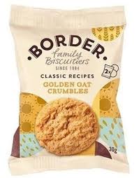 Front of a Border biscuits package for Golden Oat Crumbles, featuring a large cookie image and a yellow oat-pattern design (30 g).