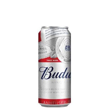 Budweiser beer can standing upright with red, white, and blue branding and the blue Budweiser script logo.