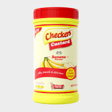 Checkers Custard jar with banana flavor, yellow lid on a light background.