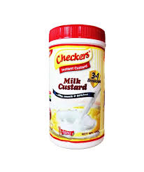 Checkers instant milk custard powder tub with red lid and yellow label on white background