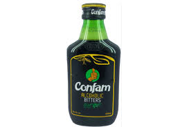 Green glass bottle with black label and yellow border, reading 'Confam Alcoholic Bitters' on the label.