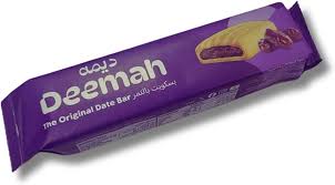 Purple-wrapped chocolate wafer bar labeled 'the Original Date Bar', shown diagonally with a bite revealing creamy filling.