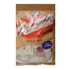 Bag of mixed snacks labeled 'Variety Pack' with a purple 'high fibre' badge, showing assorted contents inside the partly opened bag.