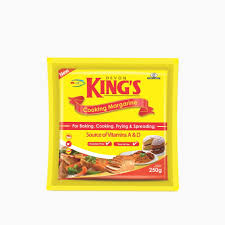 Bright yellow packet of King's Cooking Margarine (250 g) with images of bread and vegetables on the label.