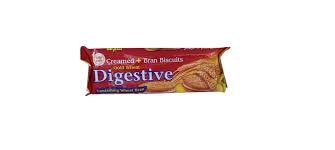 Red-and-orange wrapper of Digestive biscuits package with the word Digestive prominently on the front.