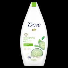 Dove body wash bottle with a green cap, label shows cucumber slices and a leaf.