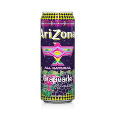 Can of AriZona All Natural Grapeade with a purple grape illustration and bold yellow-black patterned design on the can surface.