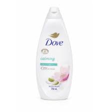 Dove calming body wash bottle—white container with blue Dove logo and a pink lotus image on the label, 750 ml