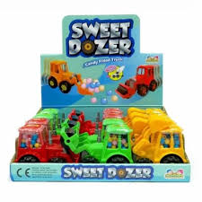 Colorful toy truck playset in display packaging labeled 'Sweet Dozer', featuring orange, red, green, and yellow trucks.