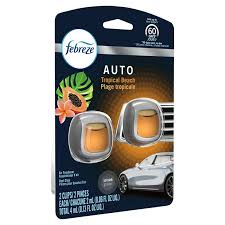 Febreze Auto car air freshener twin-pack with orange pods on dark packaging.