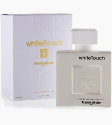 WhiteTouch perfume by Franck Olivier: square frosted bottle with white cap beside its matching white box showing the name in gold lettering.