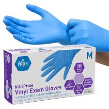 Box of NitriPride Vinyl Exam Gloves, medium size, with blue disposable gloves worn on hands.