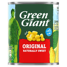 Can of Green Giant Original Naturally Sweet corn, with yellow kernels on a red label and the Green Giant mascot on the side of the can