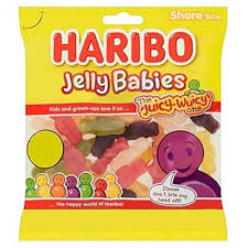 Haribo Jelly Babies candy bag with yellow packaging; shows colorful gummy candies through a clear window.