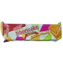 Packaged Shortcake wafer biscuits in a colorful multicolor wrapper on white background.