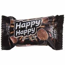 Wrapped chocolate chip cookie snack labeled 'Happy Happy' on a dark brown package.