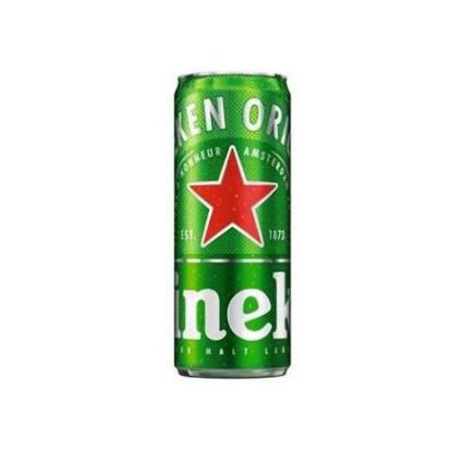 Green Heineken beer can with a red star and white lettering showing the brand name.