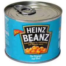 Blue can of Heinz Beanz baked beans in tomato sauce with pull-tab lid on a white background.