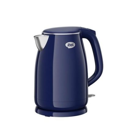 Blue cordless electric kettle with a silver spout and handle, branded with an itel logo.