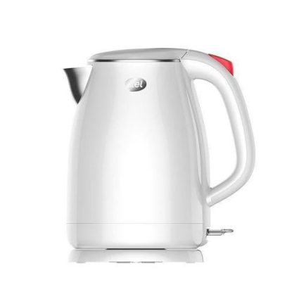 White electric kettle with a curved handle and red lid, standing on its base cast against a white background.