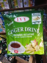 Ivy Ginger Drink instant mix package on a store shelf, showing a cup of hot ginger drink and pieces of ginger.