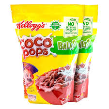 Two bright yellow Kellogg's Coco Pops cereal bags on display, showing chocolate cereal imagery and branding in the foreground.