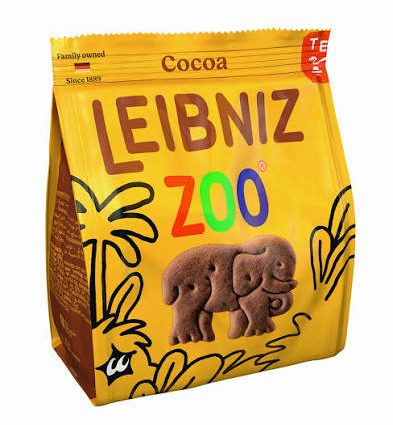 Leibniz Zoo cocoa cookies package in yellow with elephants and colorful 'ZOO' lettering