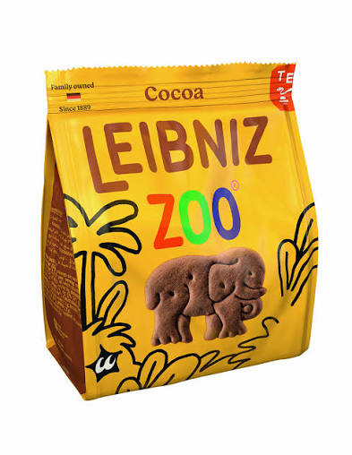 leibniz zoo with cocoa 100g - Imavug Leibniz Zoo cocoa cookies package in yellow with elephants and colorful 'ZOO' lettering