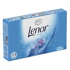 Lenor fabric softener box in blue packaging with floral design, for 34 washes in the carton package.