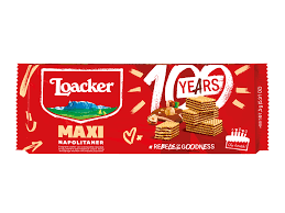 Red Loacker Maxi Napolitains wafer package with a prominent '10 Years' badge and wafer images on the front.