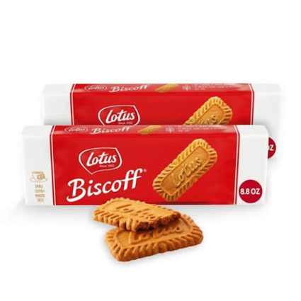 Two red-packaged Lotus Biscoff cookie boxes with a few biscuits stacked in front, showing the Lotus Biscoff branding and 8.8 oz label.