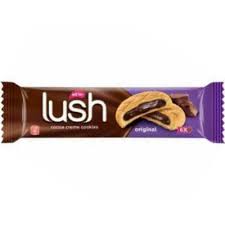 Lush original chocolate bar packaging, brown and purple, with cookies visible through the wrapper.