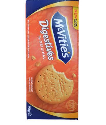Box of McVitie's Digestives Original biscuits, orange packaging with blue logo and a bitten biscuit.