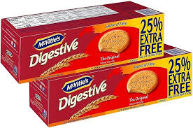Two red boxes of McVitie's Digestive biscuits showing a 25% extra free offer (The Original flavor).