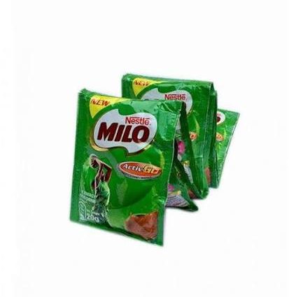Three Nestlé Milo instant drink sachets in green packaging, fanned out on a white background.
