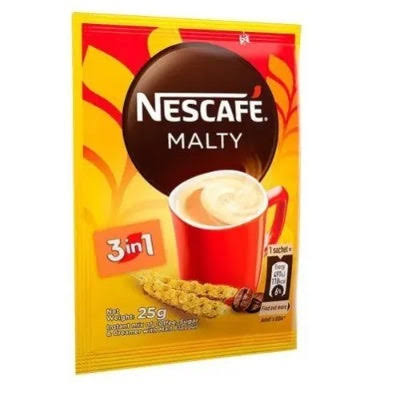 Nescafé Malty 3-in-1 coffee sachet with a red cup of coffee and biscuits on the front of the yellow package