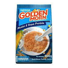 Blue Nestlé Golden Morn cereal package with a spoon scooping cereal into a bowl of flakes on the front.