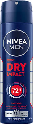 NIVEA MEN Dry Impact antiperspirant spray can in blue with 72h protection label.