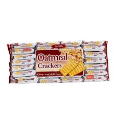 Oatmeal Crackers package showing stacked individually wrapped crackers with a few crackers on the front label.
