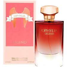 Pink perfume box beside a red gradient glass bottle with a gold cap, labeled Ophylia Legend Eau de Parfum