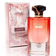 Perfume bottle with pink liquid and a dark cap beside a pink patterned box labeled ONYX.”
