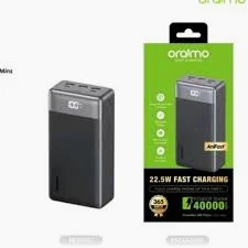 Black Oraimo portable charger standing upright with visible ports on top (power bank). For scale and features, context shows a second image of its packaging labeled 22.5W fast charging on a green and black box.