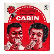 Vintage red-and-white Oxford Sweetened Cabin Biscuits box featuring two men biting biscuits, retro design.